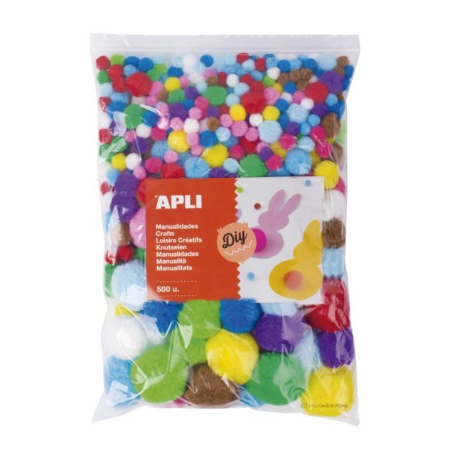 Pompons Grootverpakking - 500 stuks , 10-50 mm groot in de kleur ass.. Geschikt vanaf 3+.