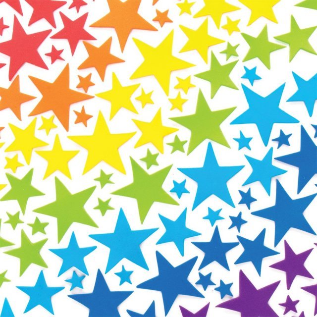 Foam Stickers REGENBOOG STERREN  210-dlg. , 15...50 mm groot uit foam in diverse kleuren. Geschikt vanaf 3+.