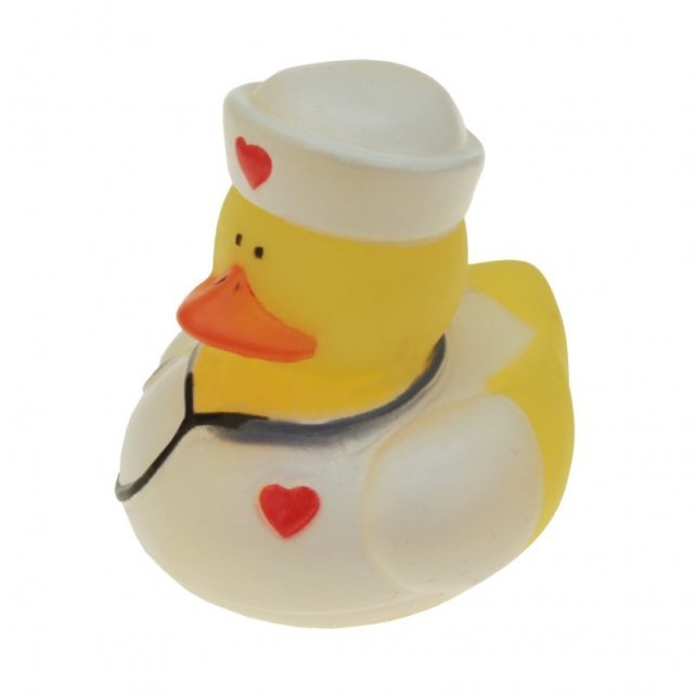 Badeend Verpleegster, 5 cm groot uit rubber in de kleur geel. Geschikt vanaf 3+.