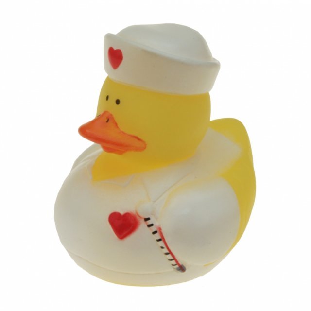 Badeend Verpleegster, 5 cm groot uit rubber in de kleur geel. Geschikt vanaf 3+.