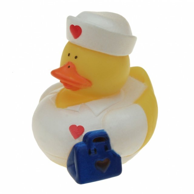 Badeend Verpleegster, 5 cm groot uit rubber in de kleur geel. Geschikt vanaf 3+.