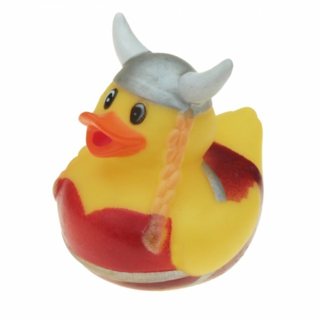 Badeend Viking, 5 cm groot uit rubber in de kleur geel. Geschikt vanaf 3+.