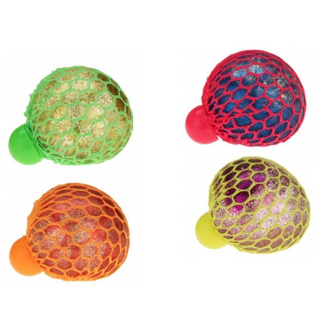 Stressbal met Glitters in Net , 6 cm groot uit silicone in de kleur ass.. Geschikt vanaf 3+.