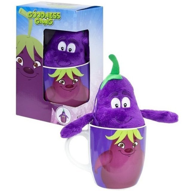 Mok met Pluche Aubergine Knuffel , 9,5 + 18 cm groot uit keramiek in de kleur ass.. Geschikt vanaf 3+.