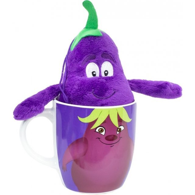 Mok met Pluche Aubergine Knuffel , 9,5 + 18 cm groot uit keramiek in de kleur ass.. Geschikt vanaf 3+.