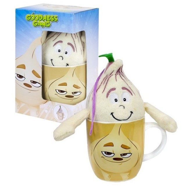 Mok met Pluche Knoflook Knuffel , 9,5 + 18 cm groot uit keramiek in de kleur ass.. Geschikt vanaf 3+.