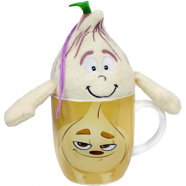 Mok met Pluche Knoflook Knuffel , 9,5 + 18 cm groot uit keramiek in de kleur ass.. Geschikt vanaf 3+.