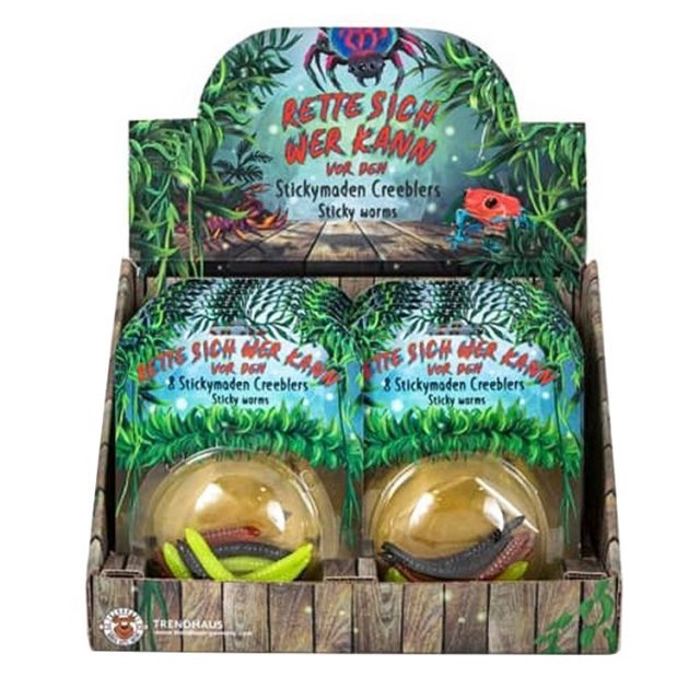 Sticky Wormen - Maden 7 cm - 8 stuks , 7 cm groot uit sticky rubber in de kleur ass.. Geschikt vanaf 3+.