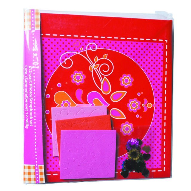 Foto-en Knutselboek 12-delig , 21 x 21 x 2 cm groot uit papier-kunststof in de kleur rood/roze. Geschikt vanaf 3+.