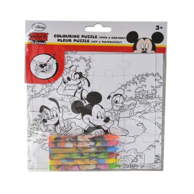 Kleurpuzzel Mickey Mouse met 6 waskrijtjes , 17 x 17 cm groot uit karton in de kleur wit. Geschikt vanaf 3+.