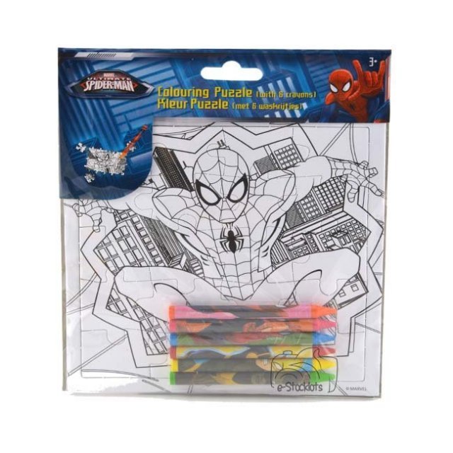 Kleurpuzzel Spiderman met 6 waskrijtjes , 17 x 17 cm groot uit karton in de kleur wit. Geschikt vanaf 3+.