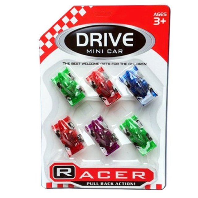Auto Racer Set 6-delig Pullback , 6 x 3,5 cm groot uit kunststof in de kleur ass.. Geschikt vanaf 3+.