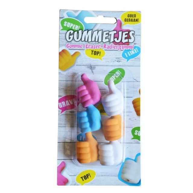 Gum Set Duimpje - Potlood Toppers , 3 x 2 cm groot uit gum in de kleur ass.. Geschikt vanaf 3+.