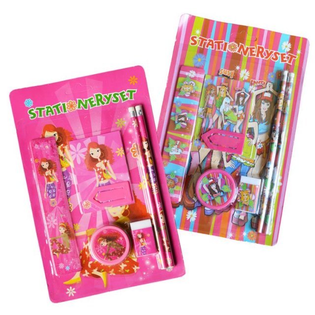 Schrijfset Flashy Girls 7-delig , 19 cm groot uit diverse materialen in een kleur assortiment. Geschikt vanaf 3+.