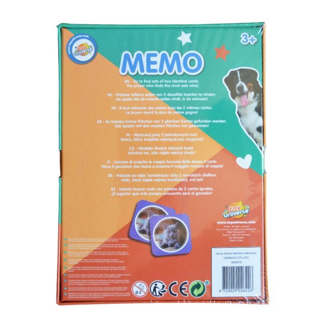 Memo Spel - Kat en Hond 48-dlg. , 7 x 7 cm groot uit stevig karton in de kleur ass.. Geschikt vanaf 3+.