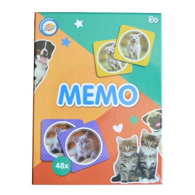 Memo Spel - Kat en Hond 48-dlg. , 7 x 7 cm groot uit stevig karton in de kleur ass.. Geschikt vanaf 3+.