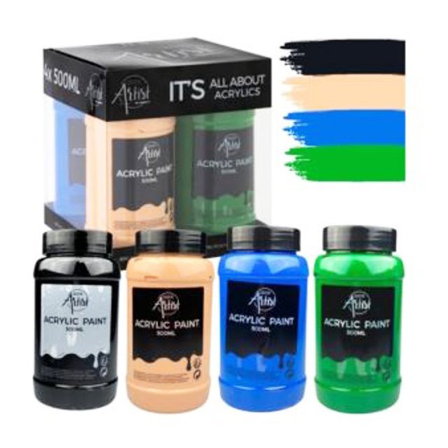 Acrylverf 4 x 500 ml. HU-ZW-BL-GR Acrylverf set HU-ZW-BL-GR , 4 x 500ml. inhoud uit acrylverf in 4 kleuren. Geschikt vanaf 3+.