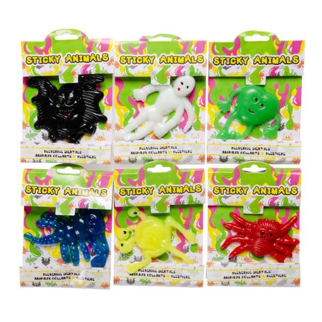 Sticky Monsters, 6 - 12 cm groot uit sticky rubber in de kleur ass.. Geschikt vanaf 3+.