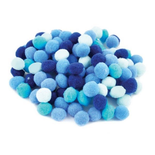 Gekleurde pompons 120 stuks , 10 mm groot  in diverse blauwtinten. Geschikt vanaf 3+.