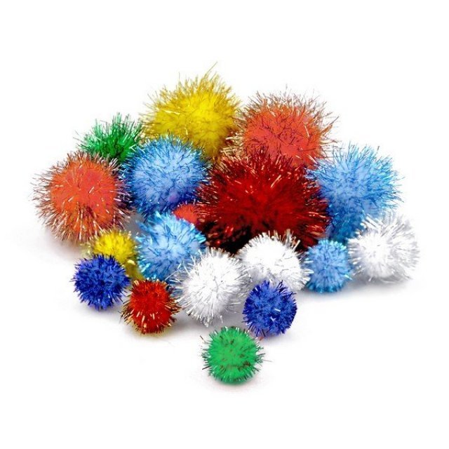 Gekleurde glitter pompons 30 stuks , 10 tot 25 mm groot  in diverse kleuren. Geschikt vanaf 3+.