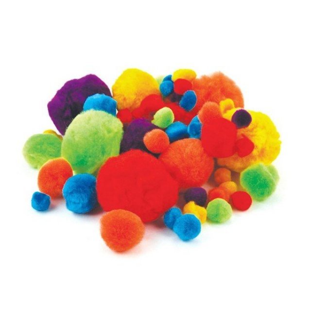 Gekleurde pompons 60 stuks , 10 tot 40 mm groot  in 8 diverse kleuren. Geschikt vanaf 3+.