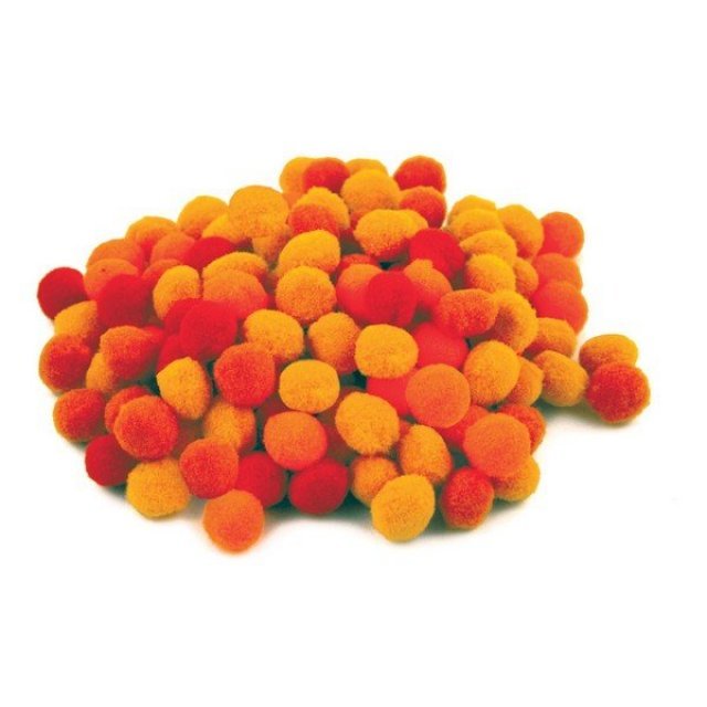 Gekleurde pompons 120 stuks , 10 mm groot  in diverse oranjetinten. Geschikt vanaf 3+.