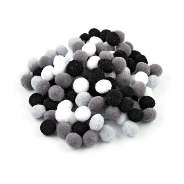 Gekleurde pompons 120 stuks , 10 mm groot  in diverse wit zwarttinten. Geschikt vanaf 3+.