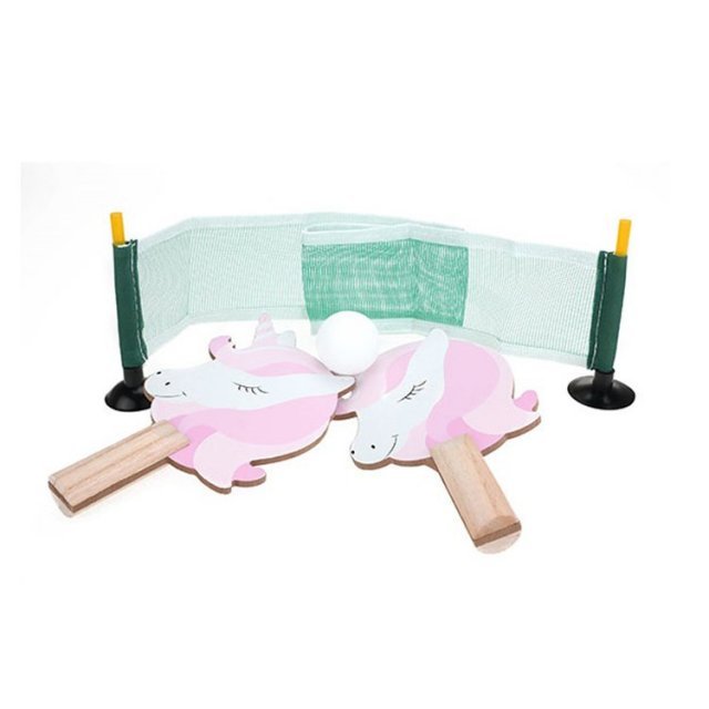 Tafeltennisset Eenhoorn Pingpong Set , 19 x 12 cm groot uit hout & kunststof in de kleur wit & rose. Geschikt vanaf 4+.