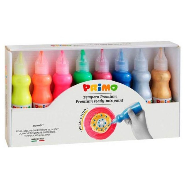 Schoolverf 8 x 50 ml. Fluo & Metaal kleuren , 12 cm. groot uit verf in de kleur 8 ass.. Geschikt vanaf 3+.