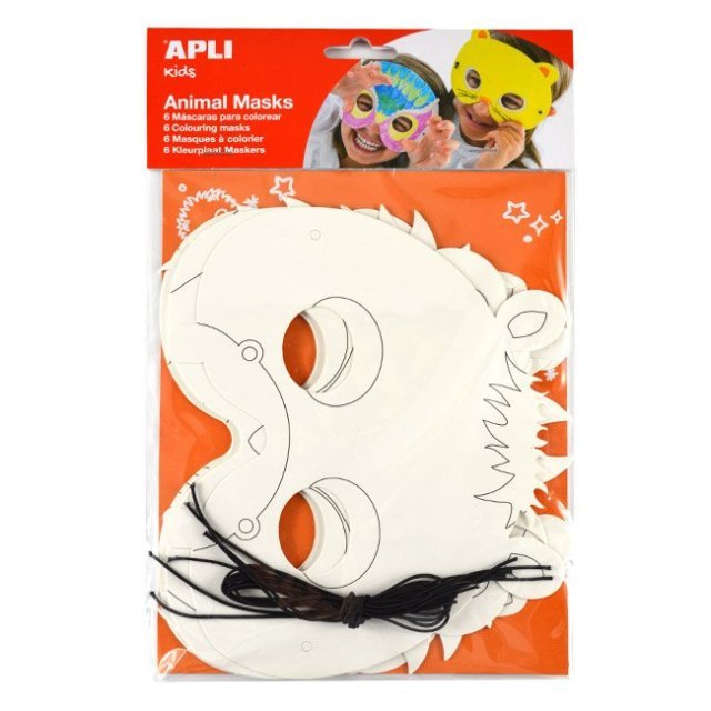 Dieren Maskers Kleuren - Set van 6 stuks , uit karton in de kleur wit. Geschikt vanaf 3+.
